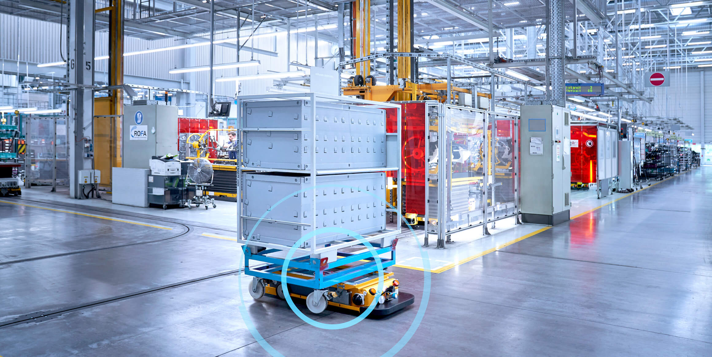 The hero image for the fleet manager page, showing an amr in a factory.