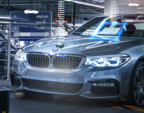 A BMW car in the last stages of the assembly line.