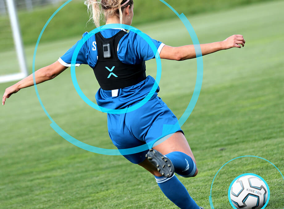 A female soccer player wearing the Kinexon bra.