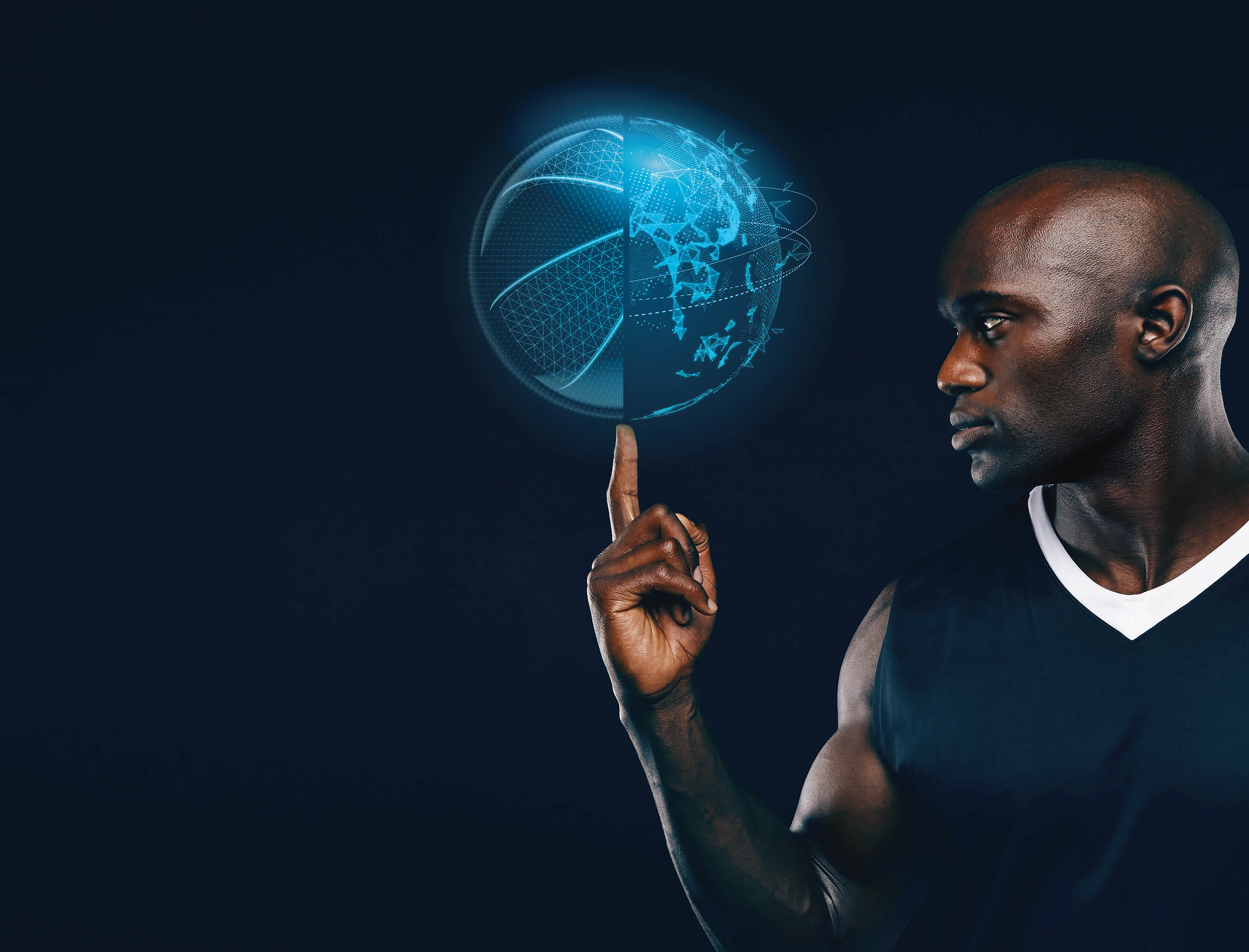 A basketball player balancing a virtual ball on his finger.