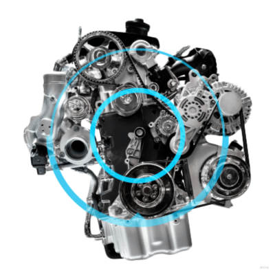 An engine with blue overlay, symbolizing the industrial IoT branch of Kinexon.