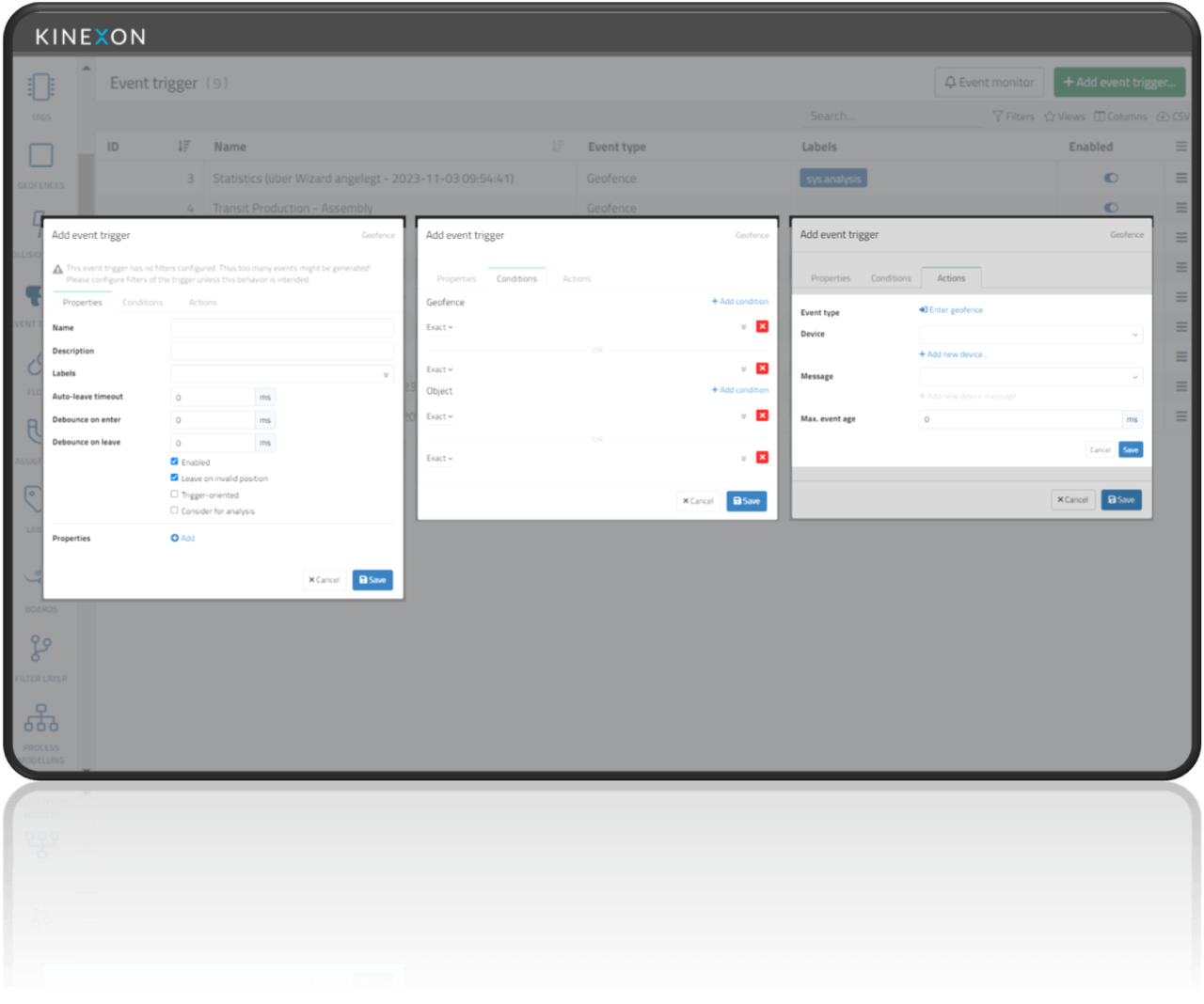 A screenshot out of the Kinexon OS showing business events automation.